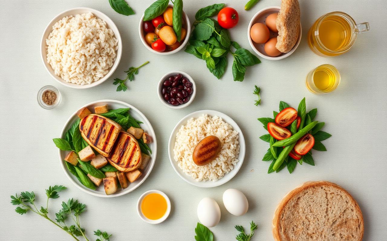 Alimentos reais do dia a dia: arroz, feijão, ovos, legumes e azeite